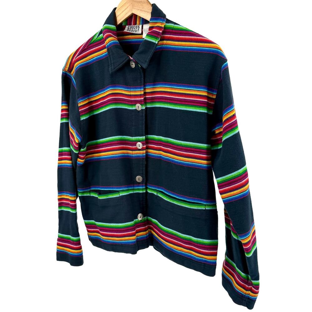 Vintage 90s Chico's Design Navy Cotton Serape Striped Button Jacket